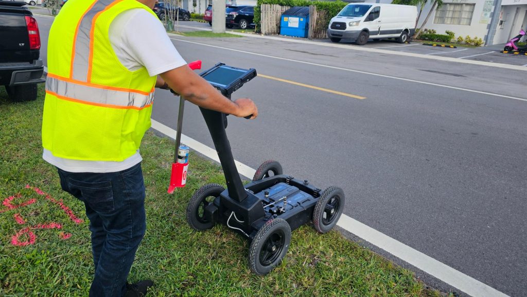 AMFB Utility Contractors using GPR utility scanning equipment to map underground utilities in South Florida.