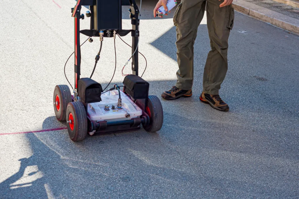 Ground penetrating radar (GPR) scanner locating underground utilities and subsurface objects before excavation and construction.