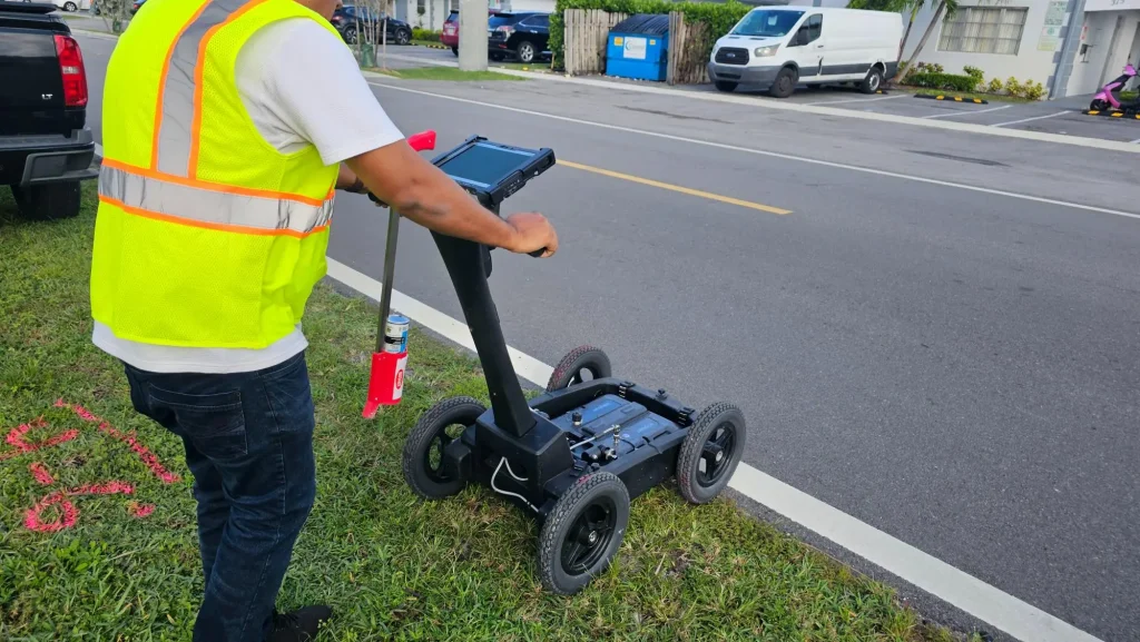 Technician performing GPR utility scanning to locate underground utilities before excavation in South Florida.