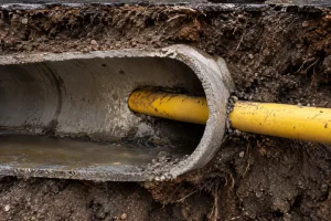 Photorealistic underground cross bore showing a yellow utility pipe passing through a concrete sewer pipe.