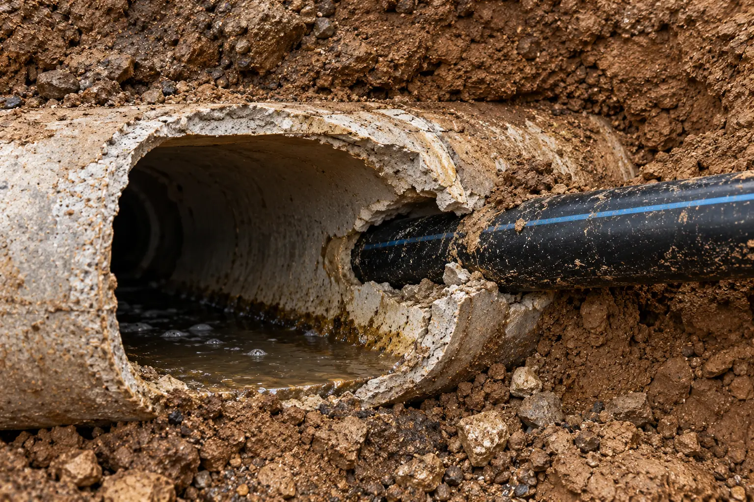 Cross bore where a black utility pipe passes through an underground sewer pipe