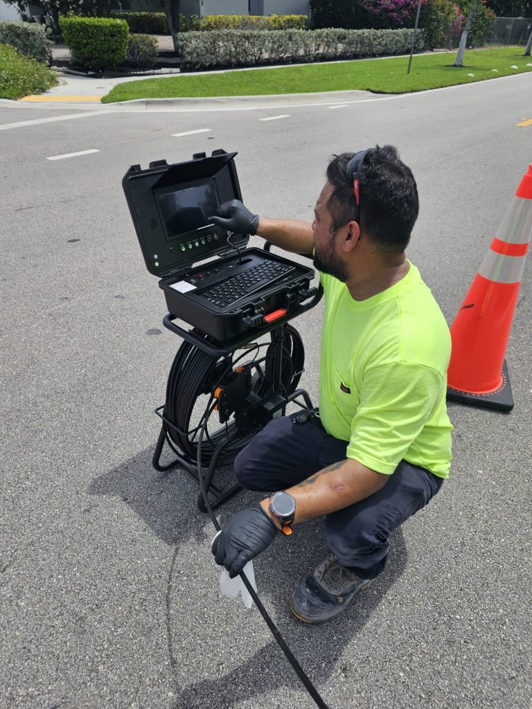 Technician performing sewer camera inspection using specialized underground utility inspection equipment