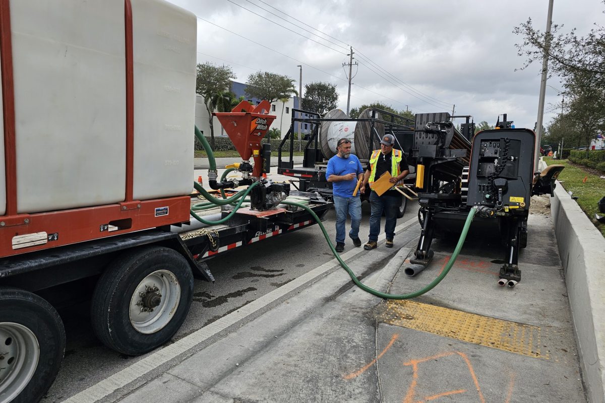 Directional drilling crew and equipment on an underground utility project in Broward County